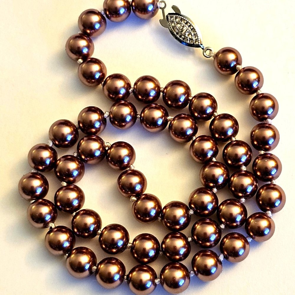 Chocolate 17" Round Faux Glass Pearl Necklace High Luster